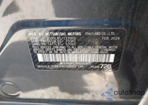 2024 Mitsubishi Mirage Es/Le из США, поврежденный, VIN ML32AUHJ7RH009967